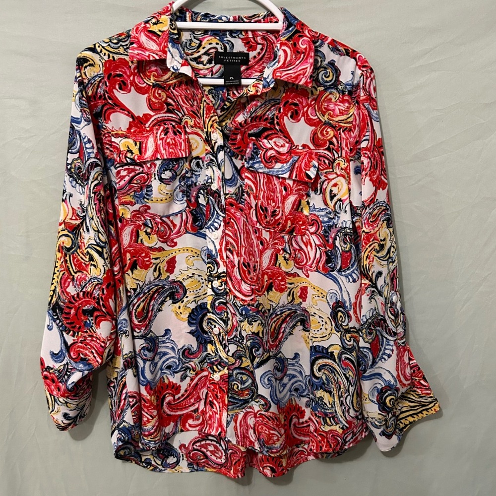 Investments Petites Colorful Paisley Button Front Blouse Size PL Top Artsy